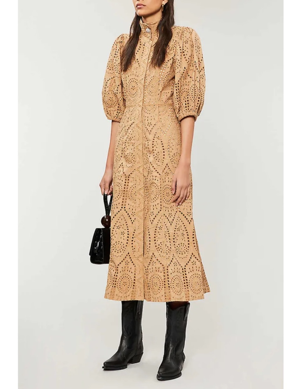 Ganni Tan Broderie Anglaise Midi Dress with Puff Sleeves - Picture 2 of 9